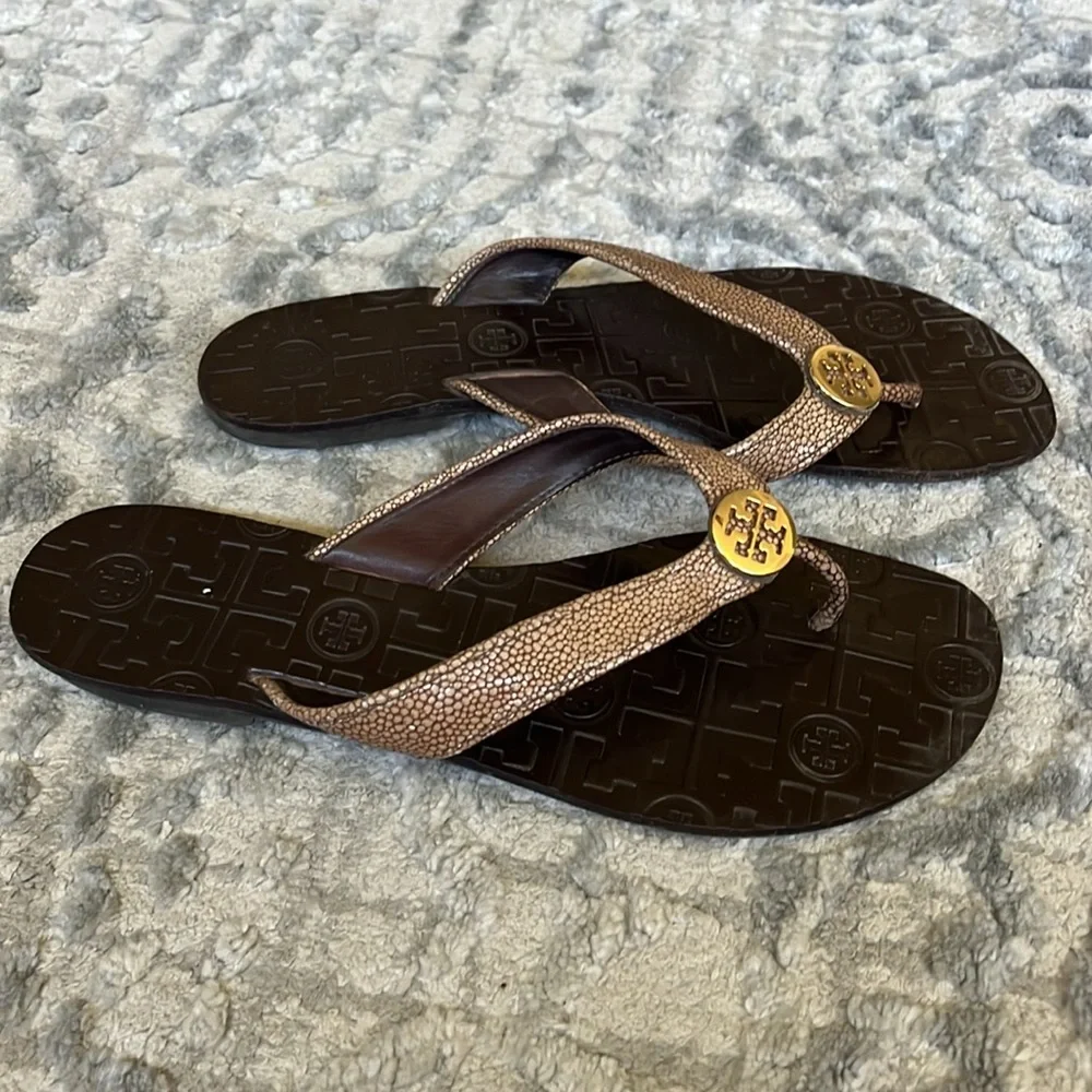 Tory Burch Brown Sandals with Gold Emblem